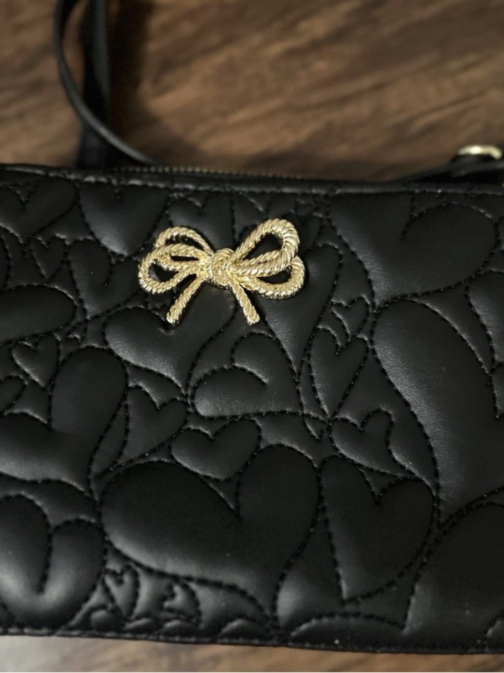 Betsey Johnson Black Quilted Heart Crossbody with Gold Bow